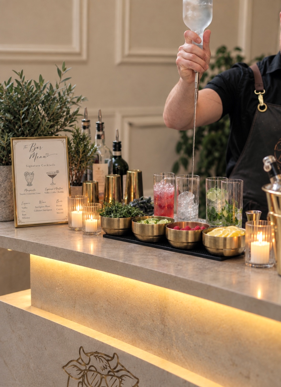 Dizzy Cow bartender serving cocktails from a mobile bar