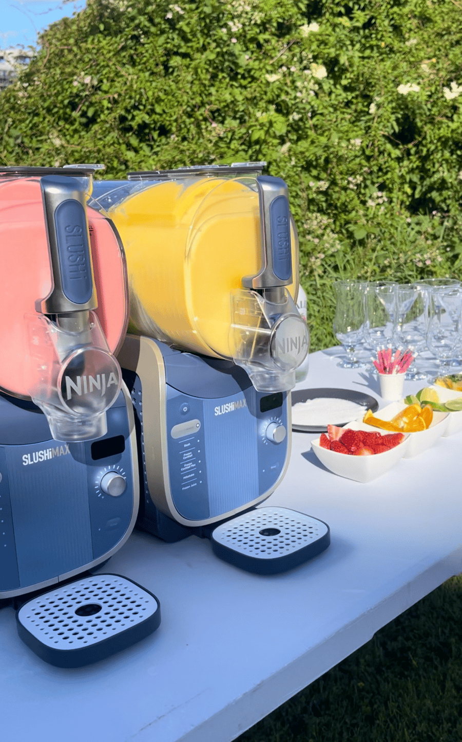 Outdoor self-serve slushie bar with fresh fruit garnishes